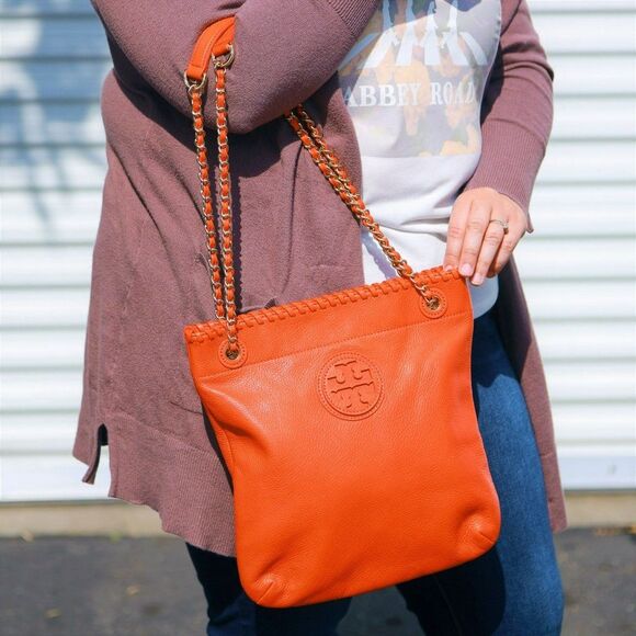 NWT Tory Burch MARION Leather Book Bag with Chain Orange $495+ - Picture 3 of 10